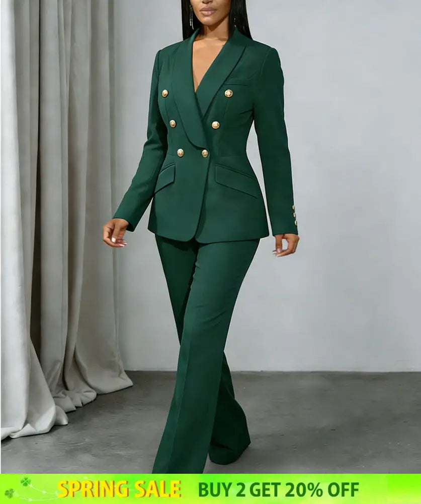 AOMEIDRESS Chic Two Piece Set Buttons Blazer Matching Slim Trousers DarkGreen / S