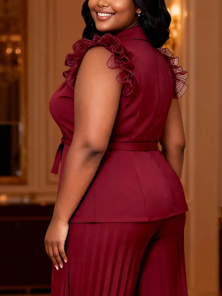 AOMEIDRESS Chic Wine Tops with Ruffled Belted Waist Evening Events