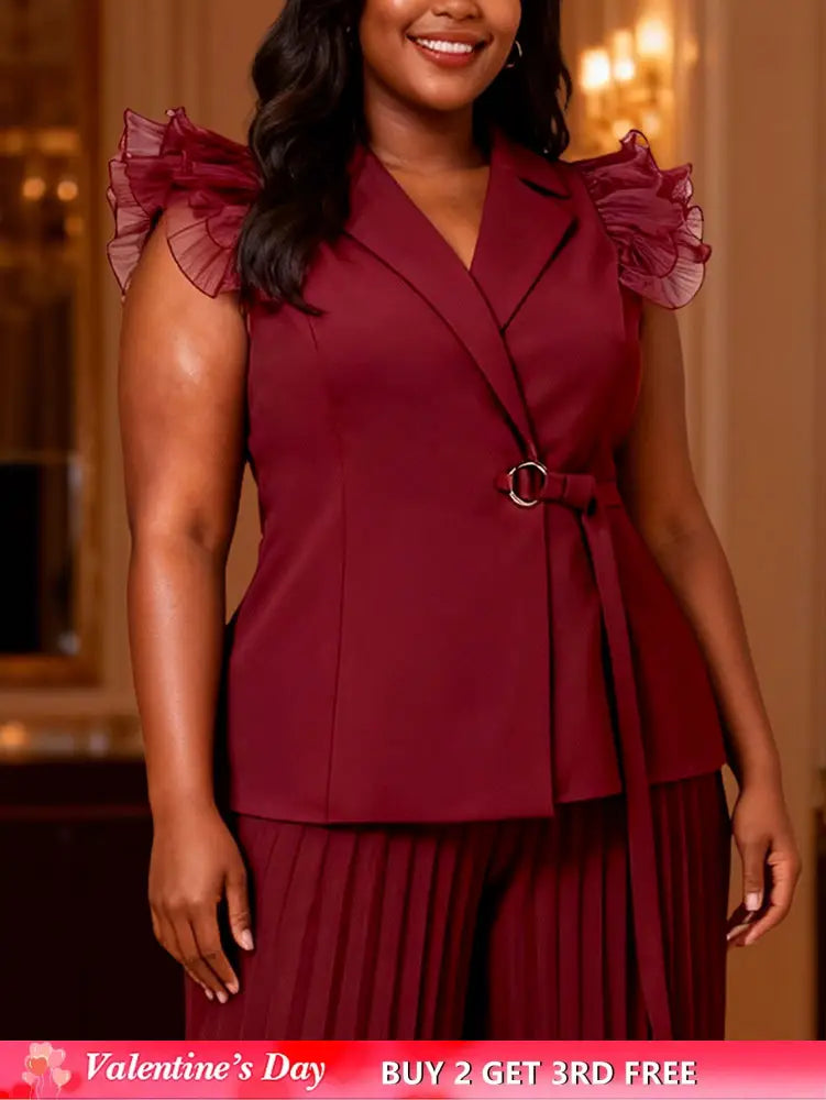 AOMEIDRESS Chic Wine Tops with Ruffled Belted Waist Evening Events Wine / L