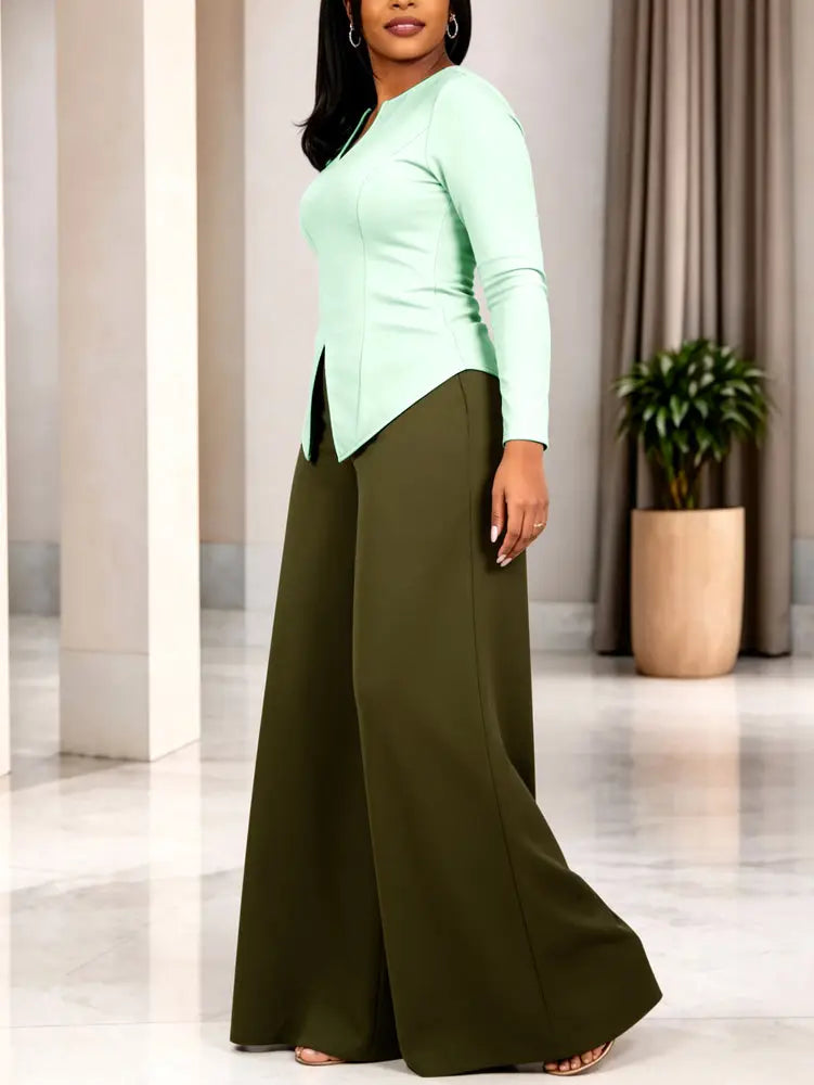 AOMEIDRESS Chic Women Two Piece Set V Neck Long Sleeve Top Pants