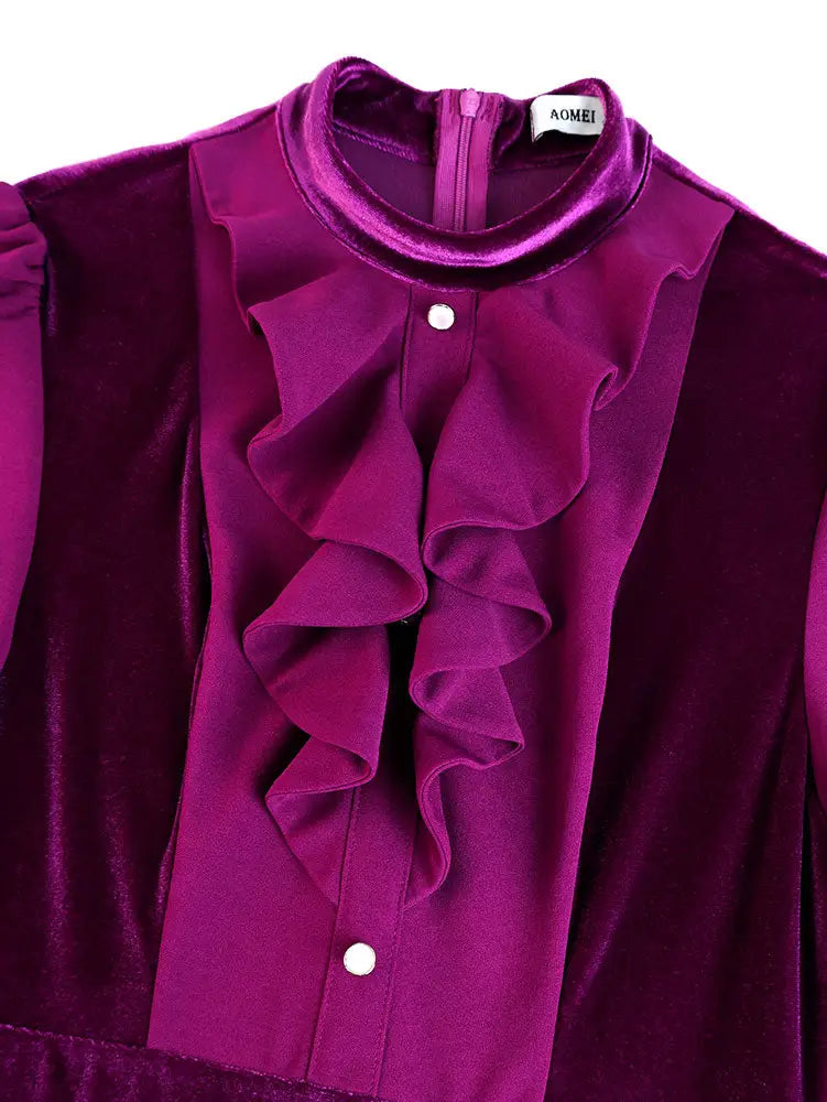 AOMEIDRESS Chic Women Velvet Pleated Dress Ruffles A Line Party Gowns