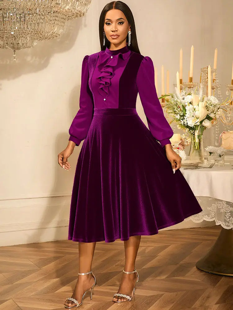 AOMEIDRESS Chic Women Velvet Pleated Dress Ruffles A Line Party Gowns