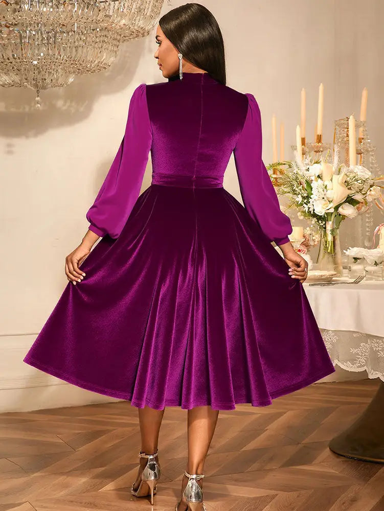 AOMEIDRESS Chic Women Velvet Pleated Dress Ruffles A Line Party Gowns