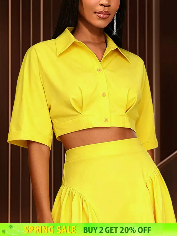 AOMEIDRESS Chic Yellow Cropped Button Up Shirt Turn Down Collar Tops Yellow / S