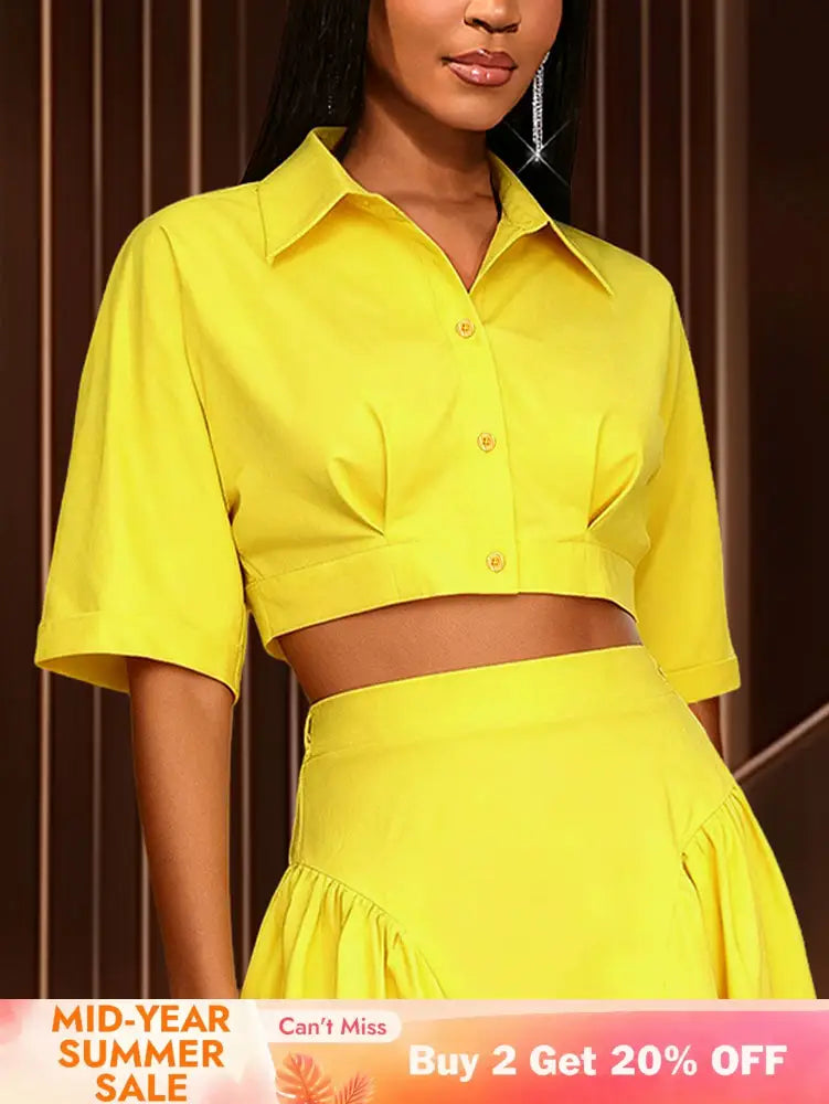 AOMEIDRESS Chic Yellow Cropped Button Up Shirt Turn Down Collar Tops Yellow / S