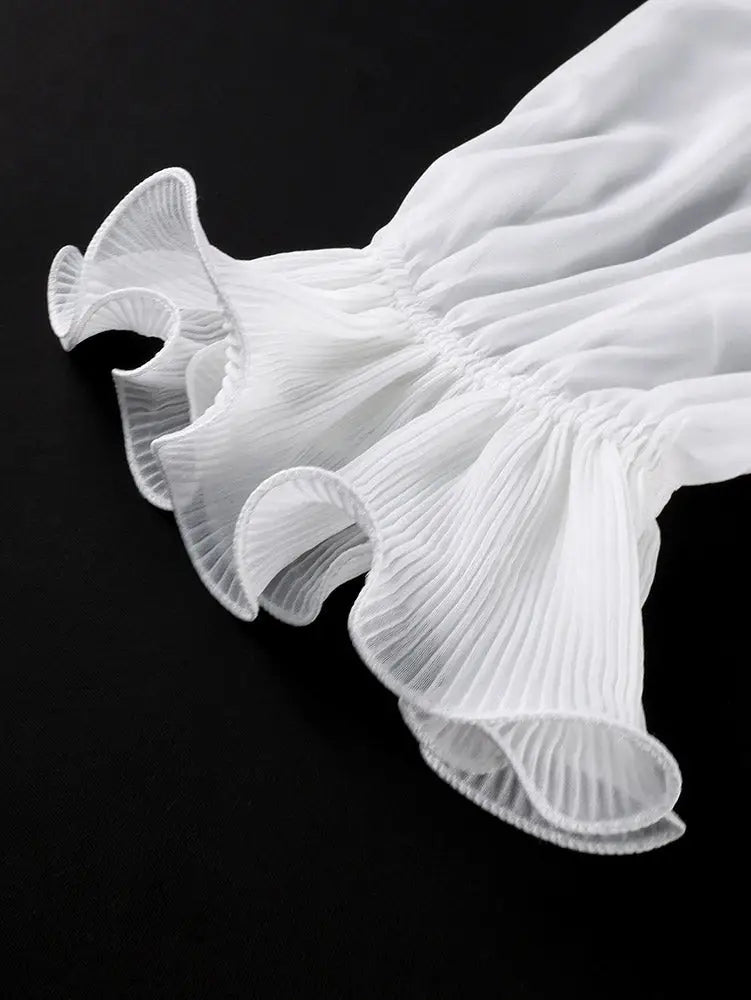 AOMEIDRESS Chiffon A Line Dress Cut Out Neck Puff Sleeve Ruffles Belt
