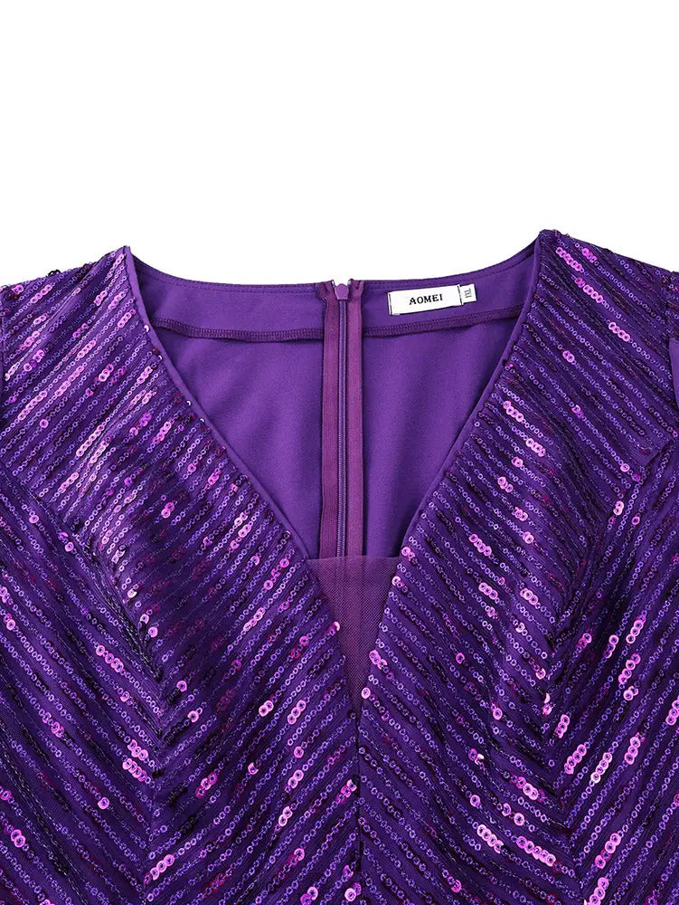 AOMEIDRESS Chiffon A Line Dress Long Sleeve V Neck Patchwork Sequins