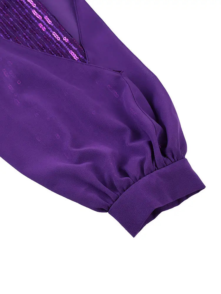 AOMEIDRESS Chiffon A Line Dress Long Sleeve V Neck Patchwork Sequins