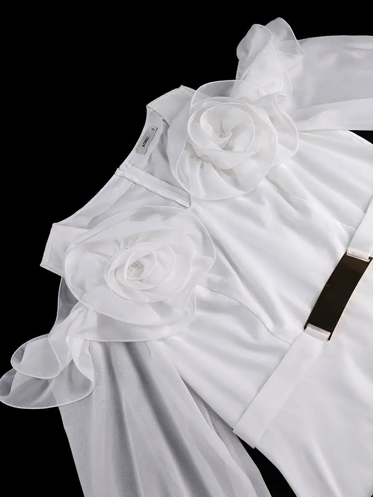 AOMEIDRESS Chiffon A Line Dresses Puff Sleeves Off Shoulder 3D Rose