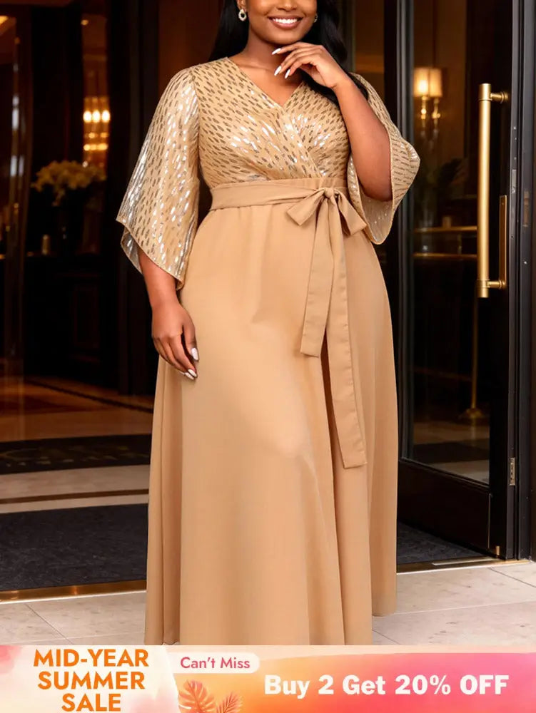 AOMEIDRESS Chiffon A Line Dresses Sequins V Neck Flare Sleeve Lace Up - Khaki / S