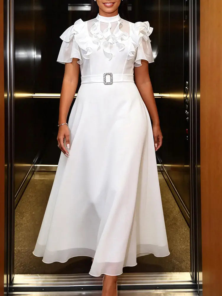 AOMEIDRESS Chiffon A Line Dresses Tiered Ruffles Sleeve Stylish Belt