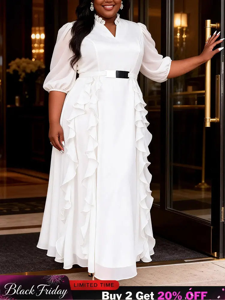 AOMEIDRESS Chiffon A Line Dresses V Neck Puff Sleeves Tiered Ruffled - White / L