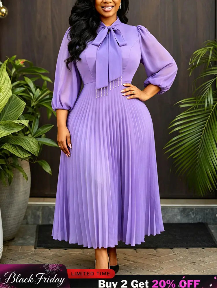 AOMEIDRESS Chiffon A Line Pleated Dress Puff Sleeve Rhinestone Tassel - Lavender / L