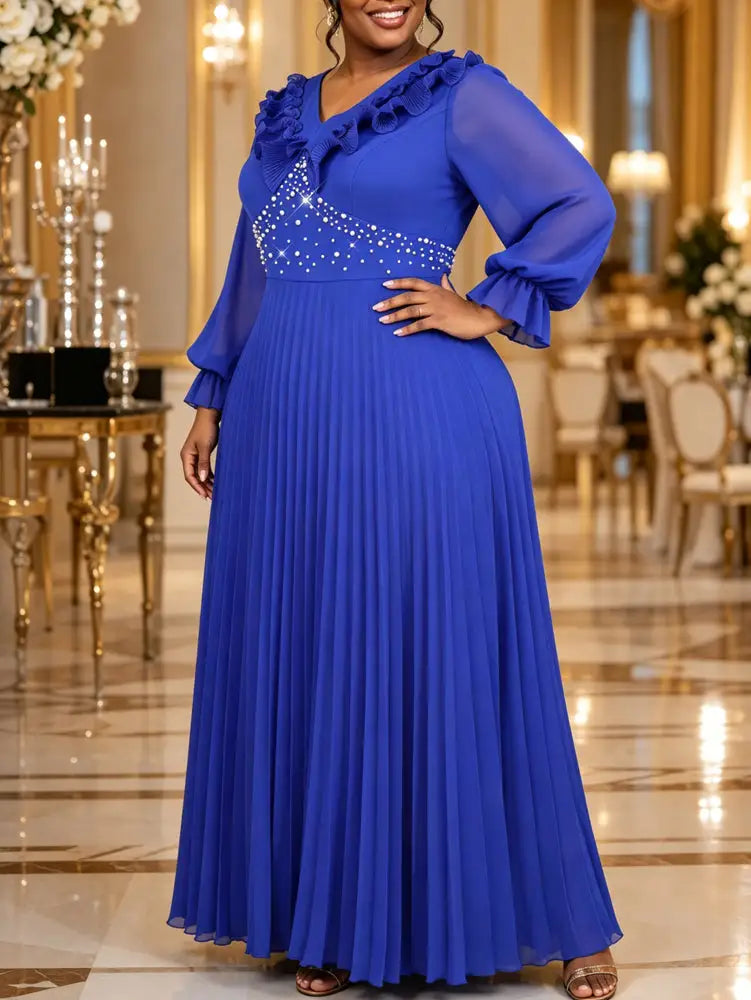 AOMEIDRESS Chiffon Dress V Neck Ruffle Long Sleeve Pleated Rhinestone