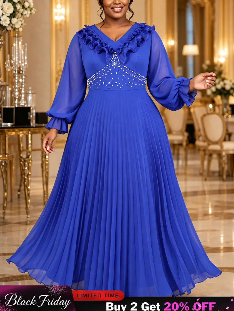 AOMEIDRESS Chiffon Dress V Neck Ruffle Long Sleeve Pleated Rhinestone