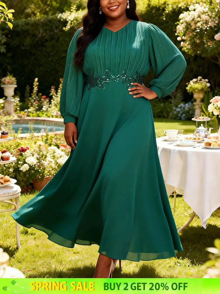 AOMEIDRESS Chiffon Wedding Guest Dress Sequin A Line Church Gowns Green / M