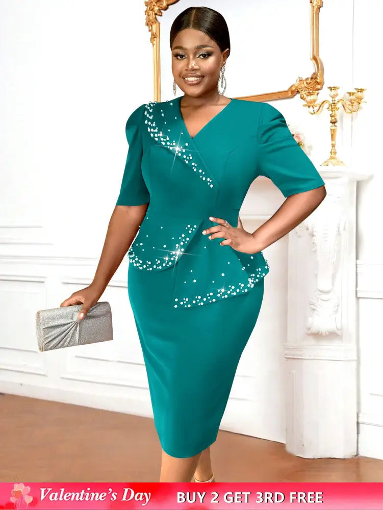 AOMEIDRESS Church Dress Beading Half Sleeves Peplum Gown for Women Green / S