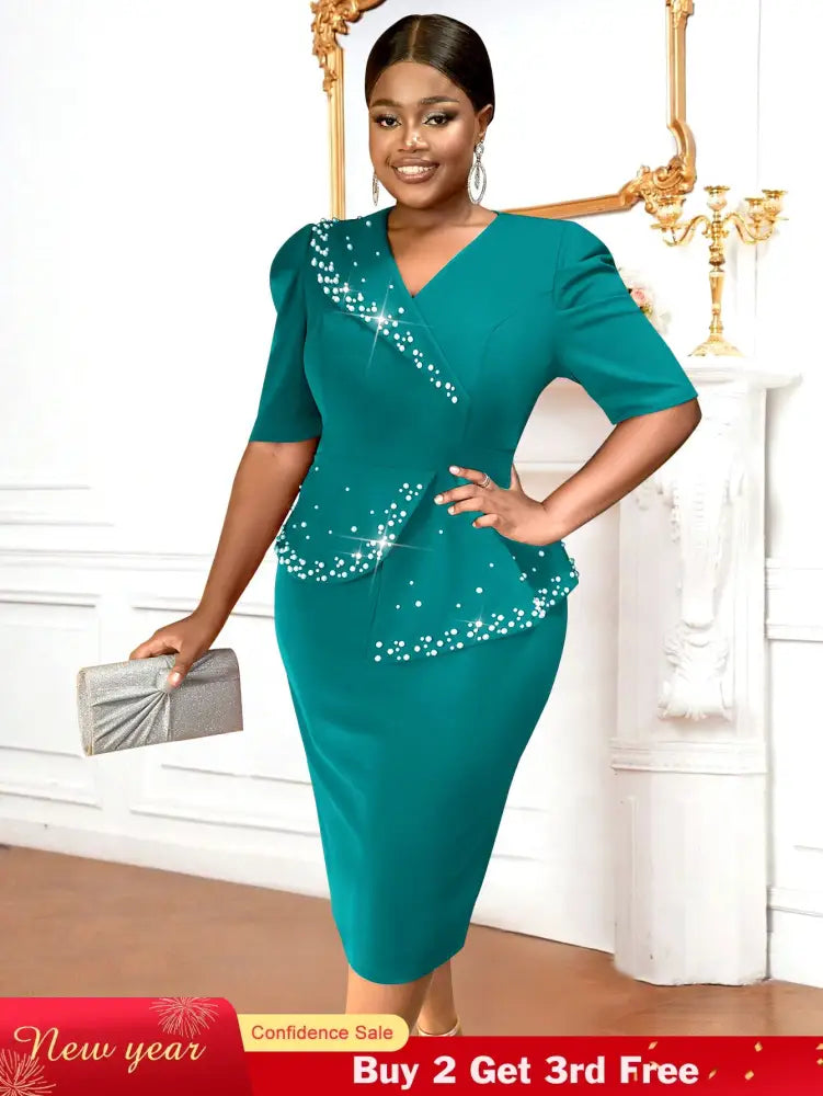 AOMEIDRESS Church Dress Beading Half Sleeves Peplum Gown for Women Green / S