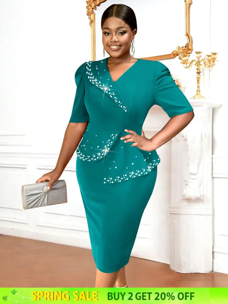 AOMEIDRESS Church Dress Beading Half Sleeves Peplum Gown for Women Green / S