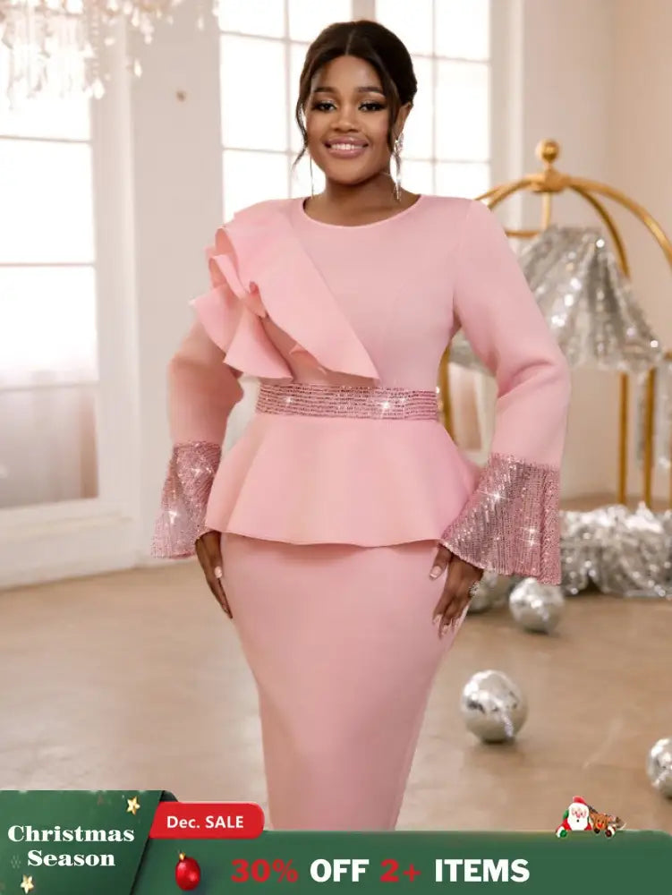AOMEIDRESS Church Dresses Ruffles Long Flare Sleeves Sequined Peplum Pink / S
