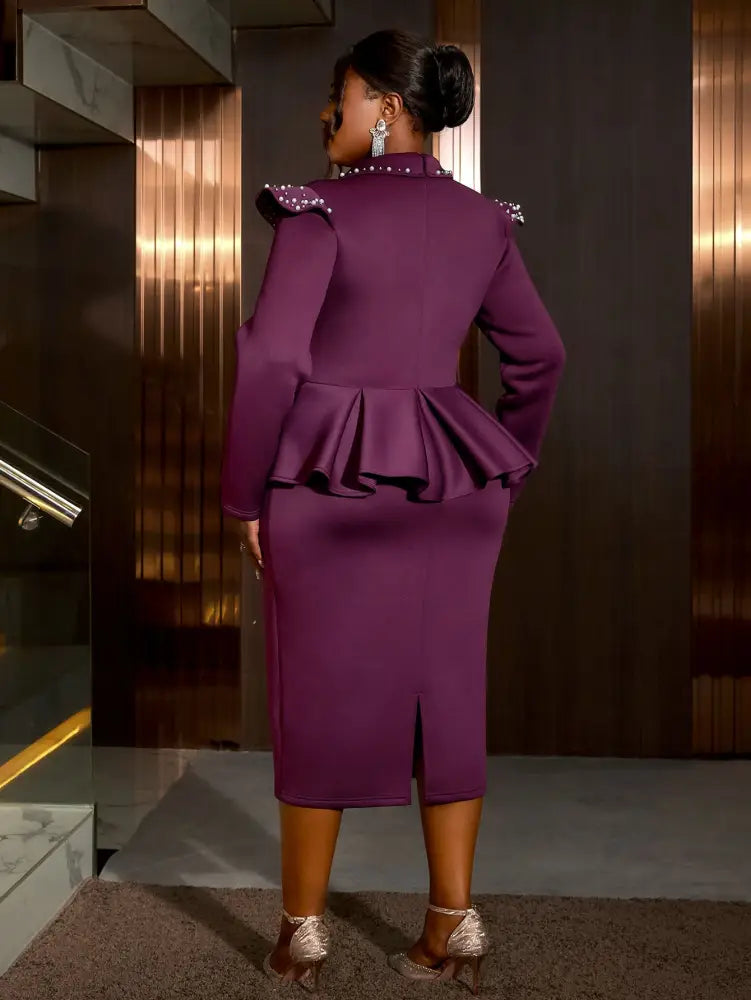 Stylish Purple Midi Dresses for Women V Neck Beaded Long Sleeve Peplum High Waist Package Hip Office Lady Evening Event Clothing