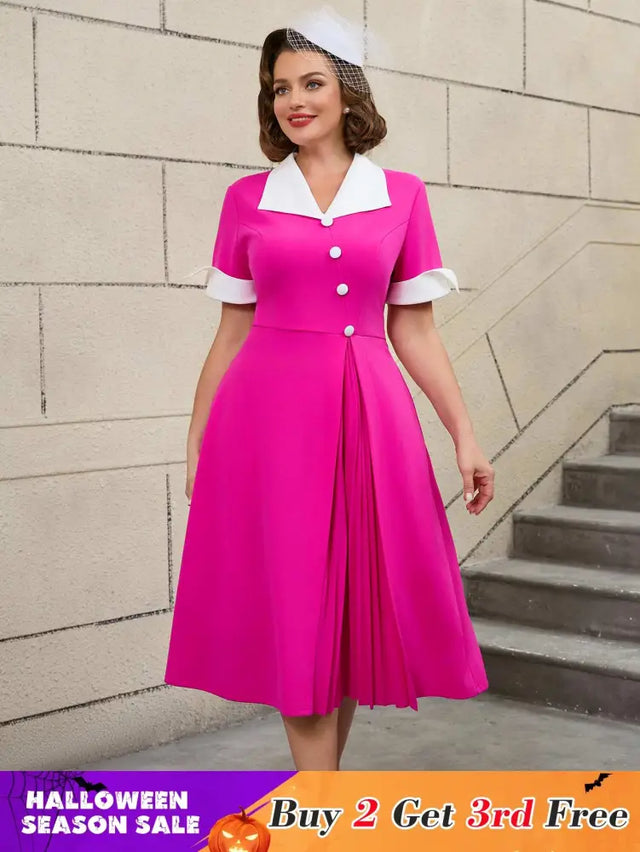 AOMEIDRESS Color Block 50s Swing Dress for Plus Size Women Rose / S