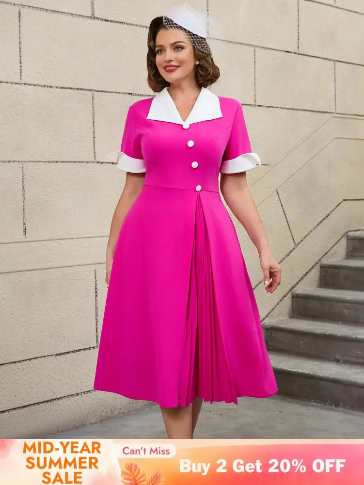 AOMEIDRESS Color Block 50s Swing Dress for Plus Size Women Rose / S