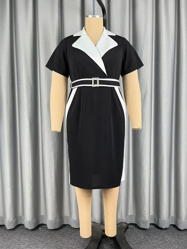 AOMEIDRESS Color Block Bodycon Dresses Belted Short Sleeve Business