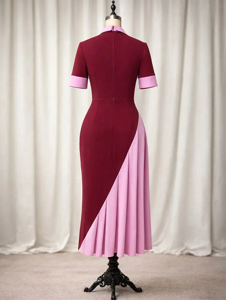 AOMEIDRESS Color Block Midi Bodycon Dresses Asymmetrical Pleated Hem
