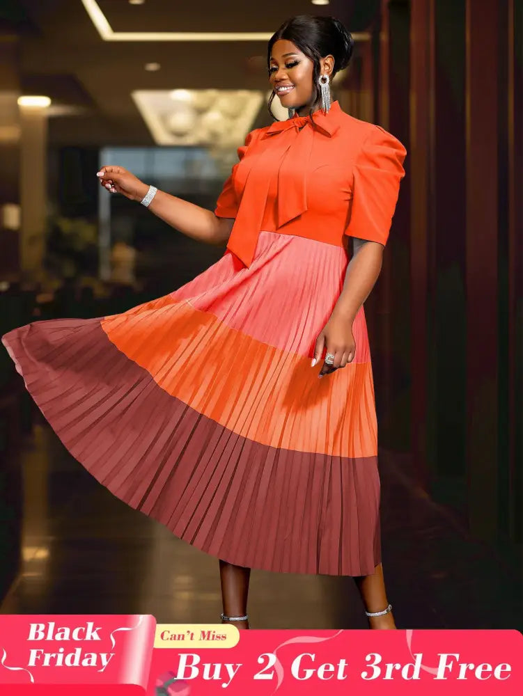 AOMEIDRESS Color Block Mock Neck Bowtie Short Sleeve Pleated Dress