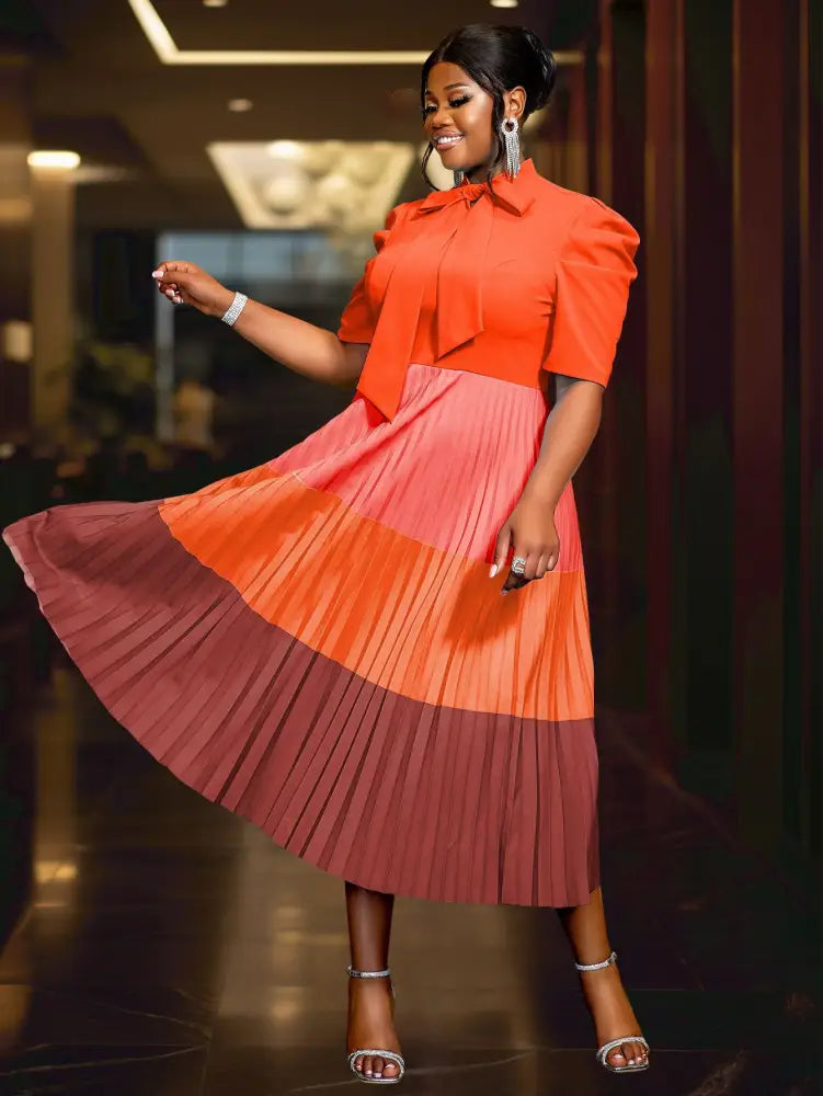 AOMEIDRESS Color Block Mock Neck Bowtie Short Sleeve Pleated Dress Orange / S
