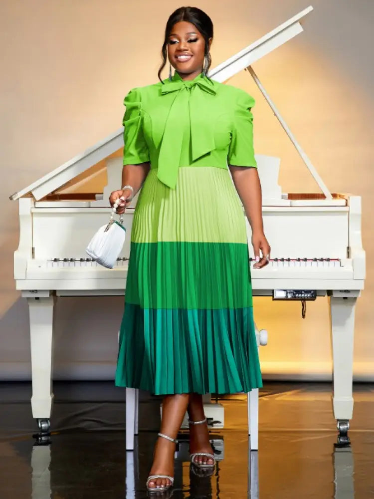 AOMEIDRESS Color Block Mock Neck Bowtie Short Sleeve Pleated Dress Green / S