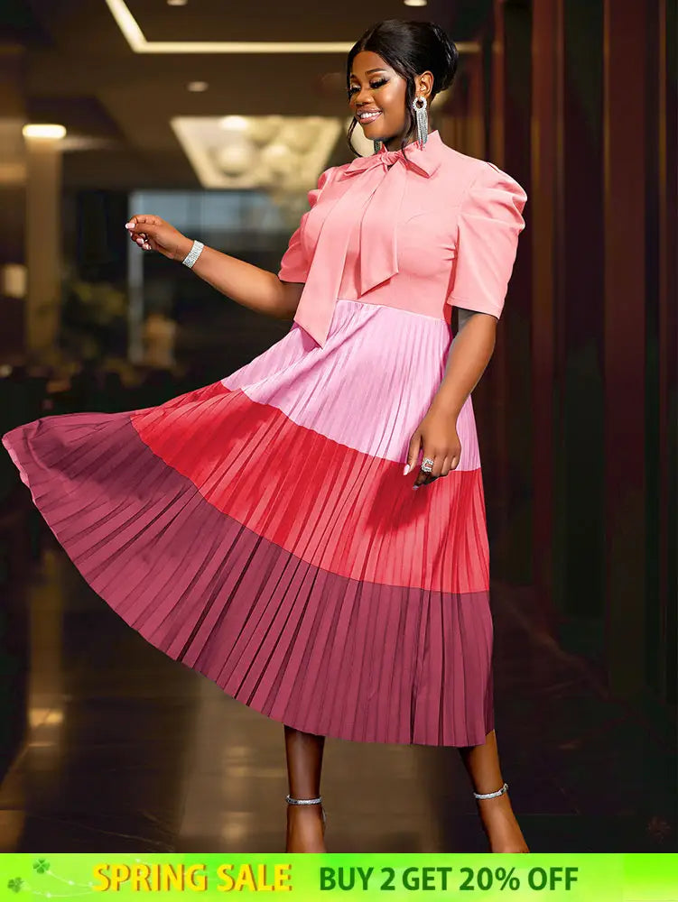 AOMEIDRESS Color Block Mock Neck Bowtie Short Sleeve Pleated Dress - Pink / 0XL