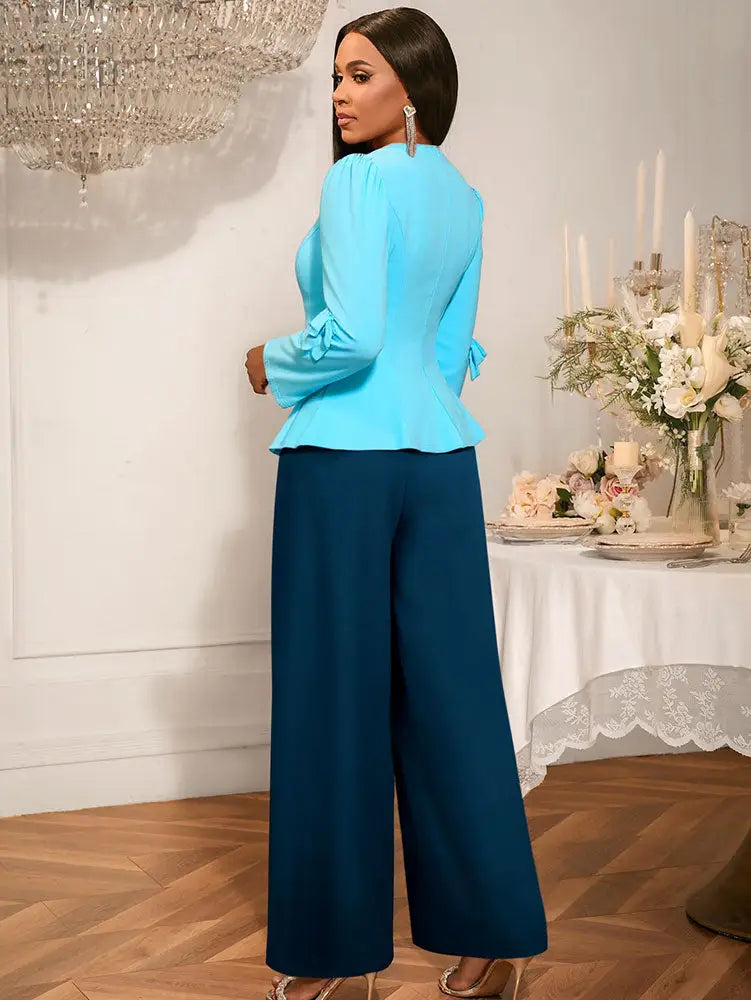 AOMEIDRESS Color Block Office Party Two Piece Set with Wide Leg Pants