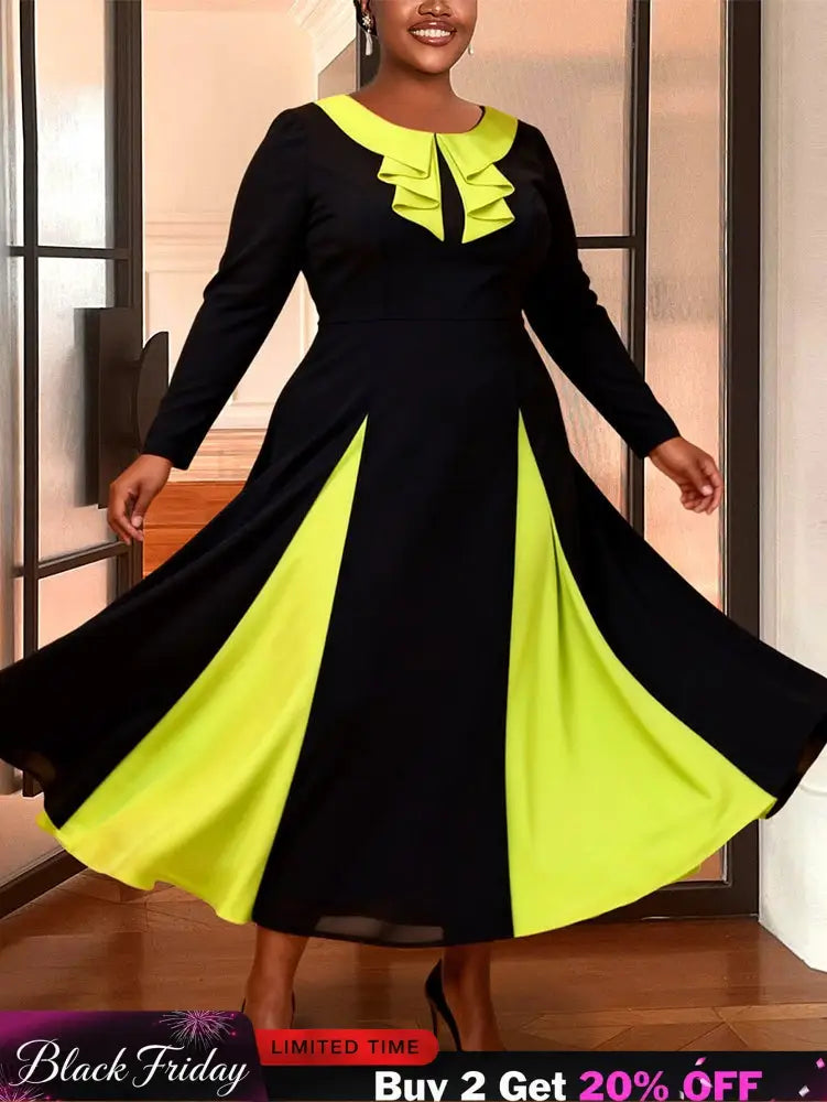 AOMEIDRESS Colorblock A Line Dress Long Sleeves Ruffles Party Gowns