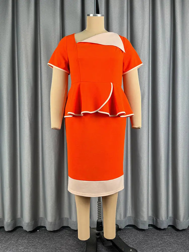 AOMEIDRESS Colorblock Bodycon Dress V Neck Short Sleeve Peplum Office