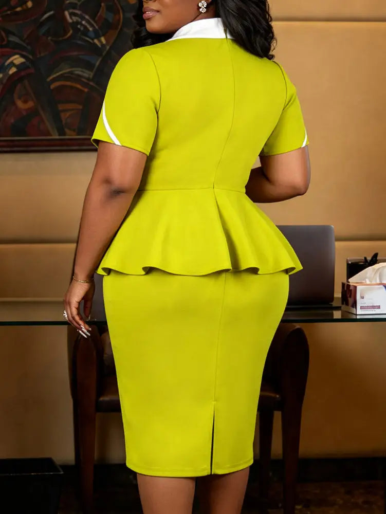AOMEIDRESS Colorblock Business Dress Turn Down Collar Petal Sleeves