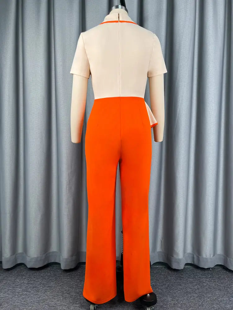 AOMEIDRESS Colorblock Jumpsuit V Neck Short Sleeve Wide Leg Pants