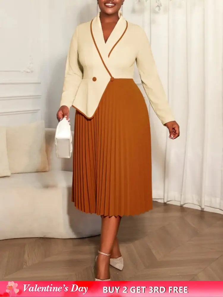 AOMEIDRESS Colorblock Pleated Dress Peplum Church Work Office Gowns