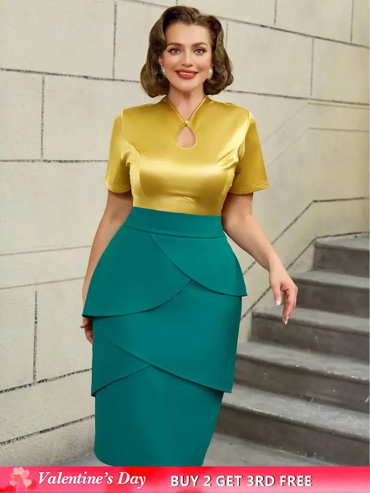 AOMEIDRESS Colorblock Short Sleeve Gold Two Piece Set for Women Gold / S