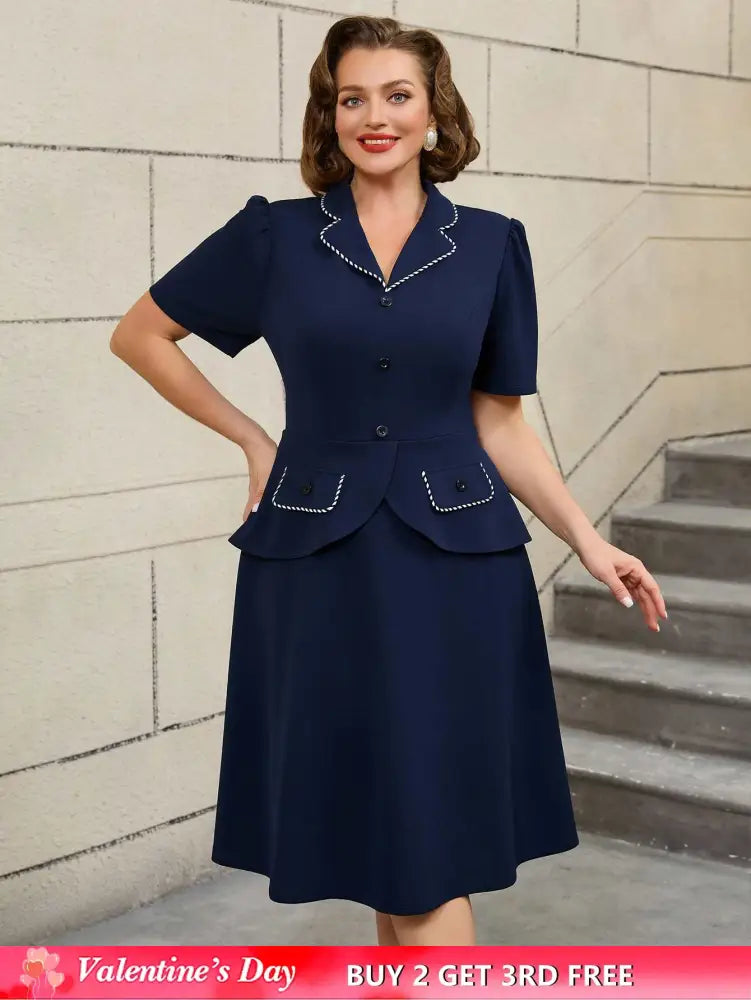 AOMEIDRESS Colorblock Trim Collar A Line Dress Short Sleeve 50s Style Navy / S