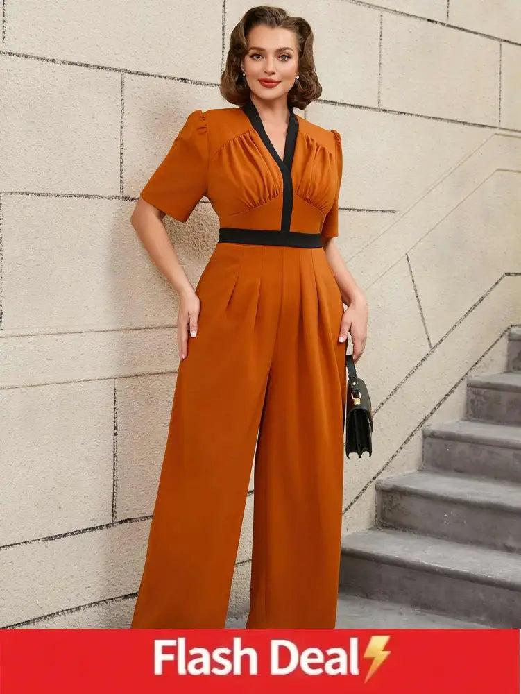 AOMEIDRESS V Neck Colorblock Short Sleeve Belted Jumpsuit Brown