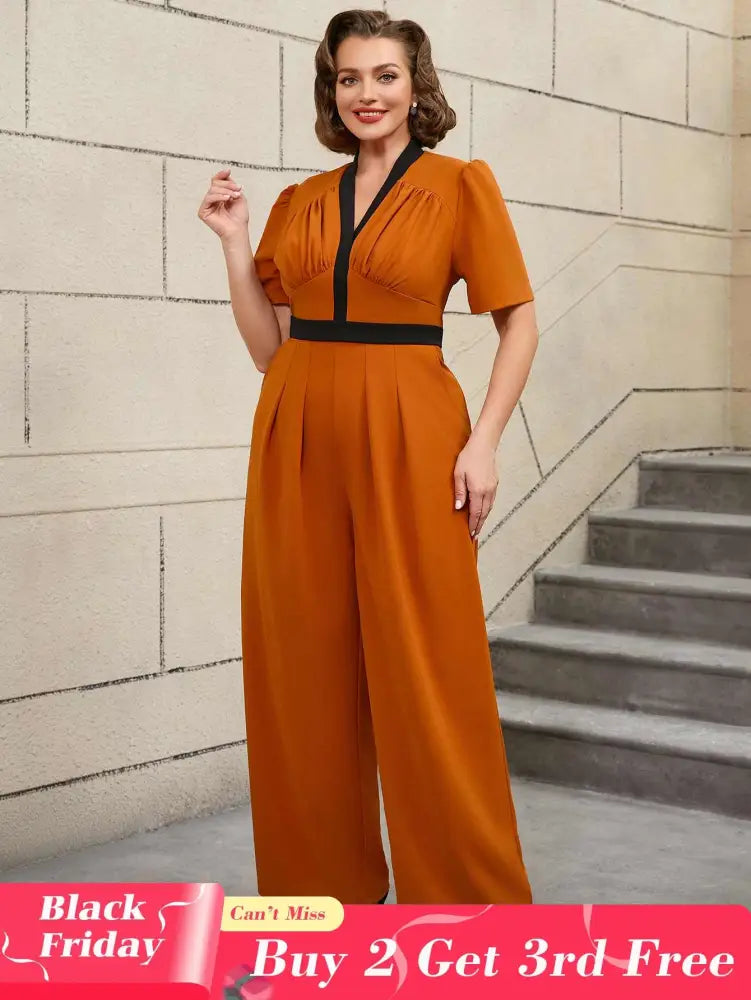 AOMEIDRESS Colorblock V Neck Short Sleeve Wide Leg Jumpsuit Brown