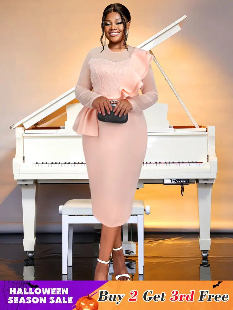 AOMEIDRESS Crew Neck Dress Sheer Long Sleeve Peplum Waist Midi Pink / S