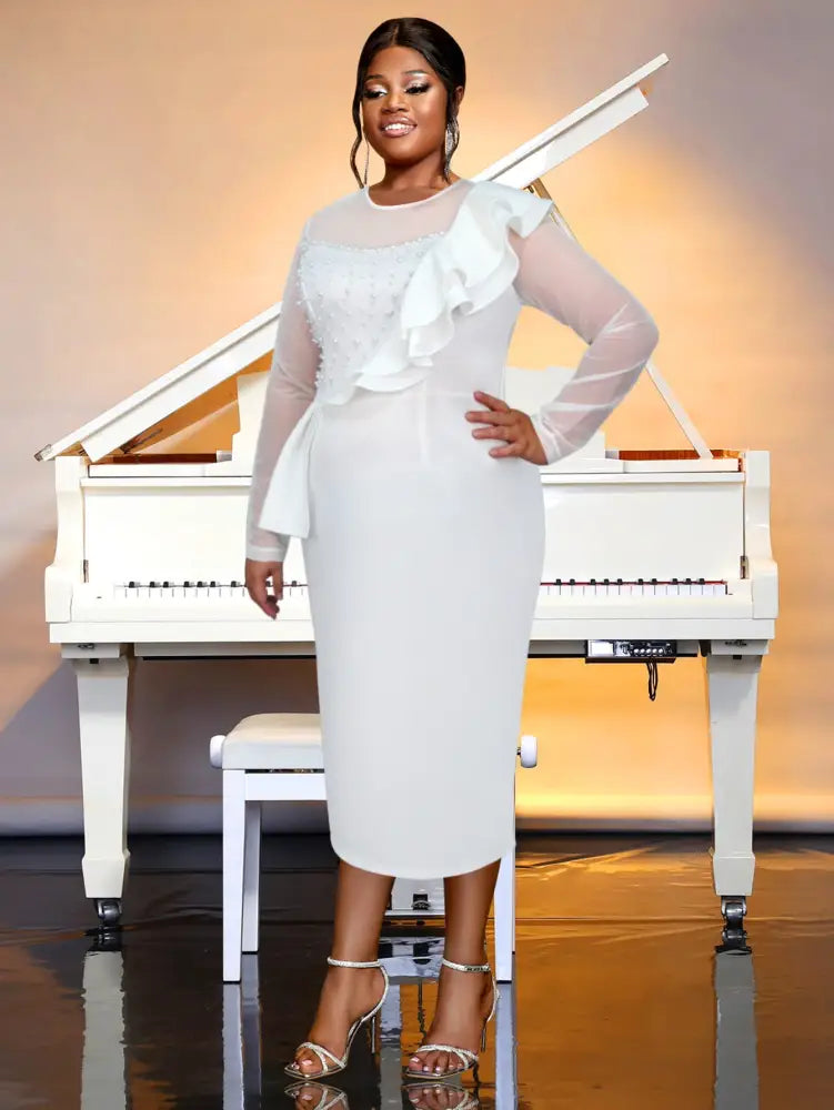 AOMEIDRESS Crew Neck Dress Sheer Long Sleeve Peplum Waist Midi White / S