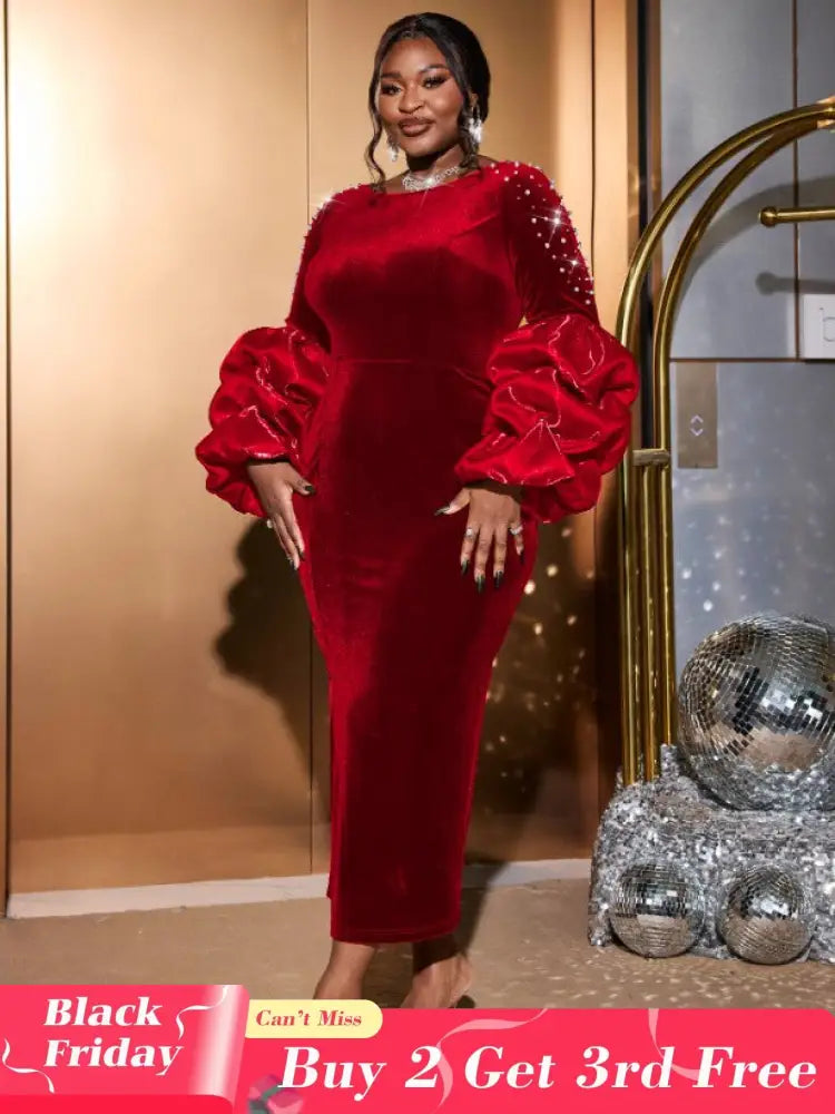 AOMEIDRESS Dark Green Velvet Dress O Neck Beading Long Lantern Sleeve Red / S