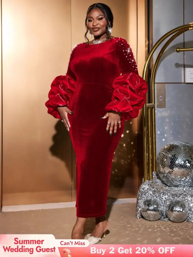 AOMEIDRESS Dark Green Velvet Dress O Neck Beading Long Lantern Sleeve Red / S