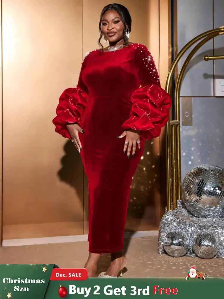 AOMEIDRESS Dark Green Velvet Dress O Neck Beading Long Lantern Sleeve Red / S