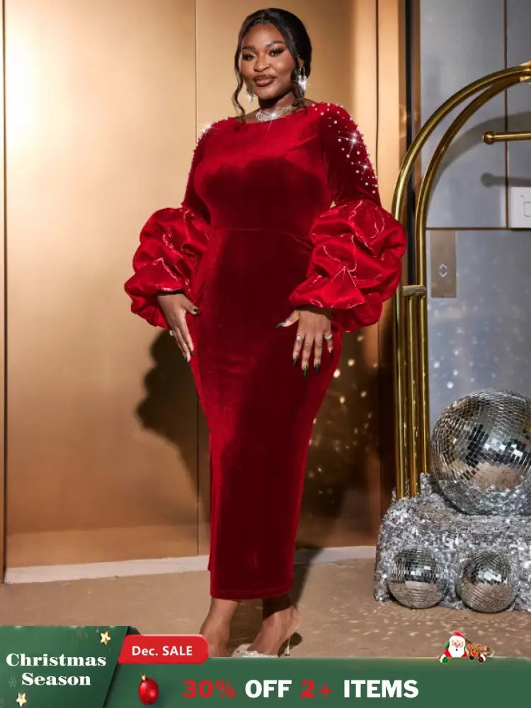 AOMEIDRESS Dark Green Velvet Dress O Neck Beading Long Lantern Sleeve Red / S