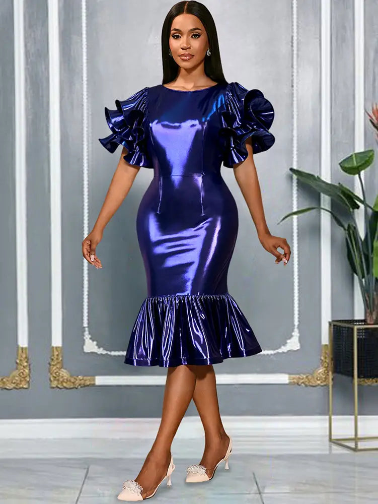 AOMEIDRESS DarkBlue Bodycon Mermaid Dress Ruffle Sleeve Party Gowns